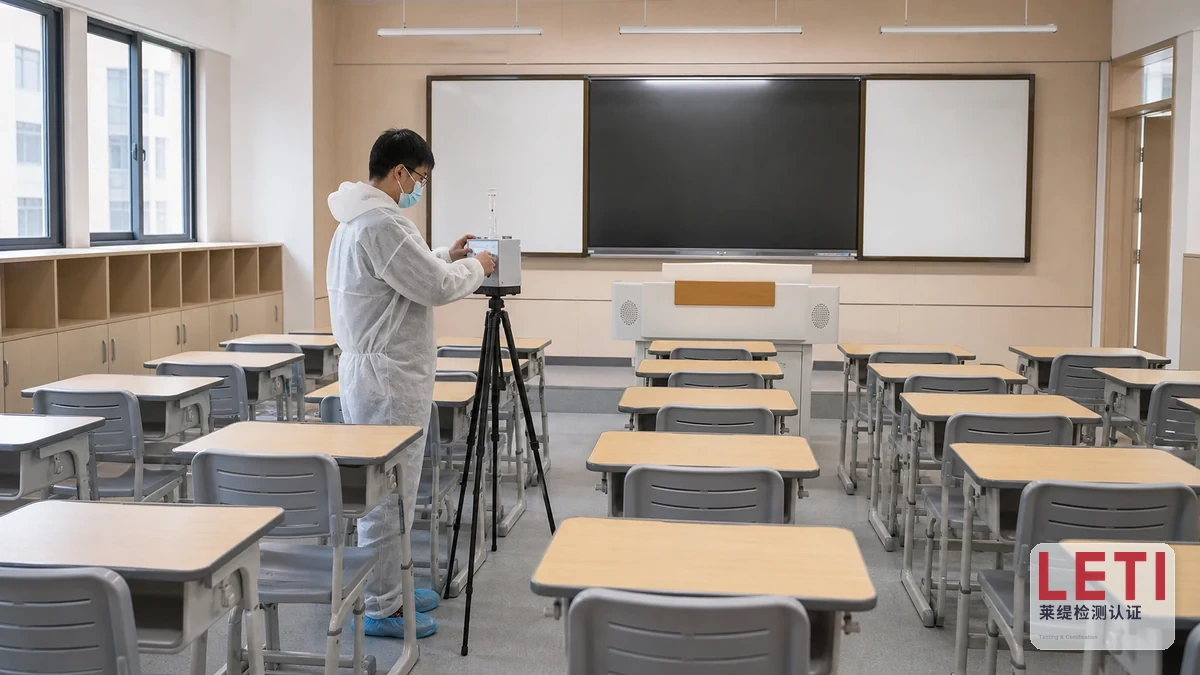 上海闵行学校家具进场后空气检测场景,检测人员在空置教室内操作空气采样设备