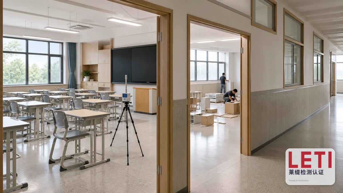 上海闵行学校家具进场状态对比,已布置教室设采样设备而相邻教室仍在组装家具