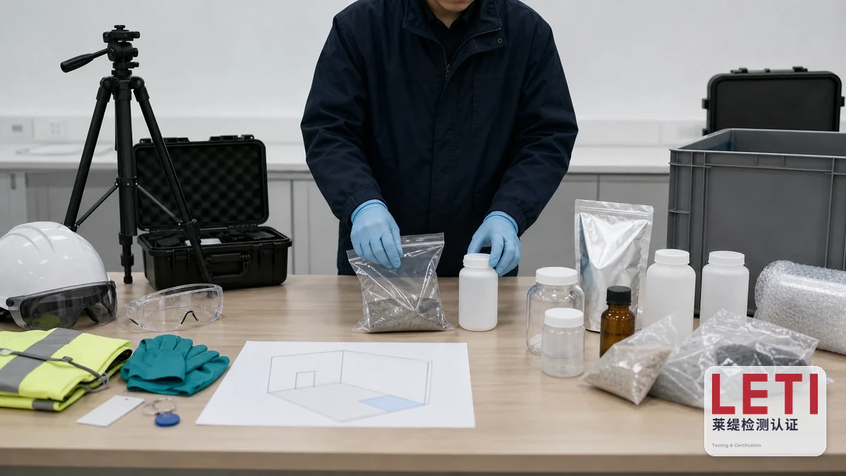第三方检测委托准备台,现场检测用品和送样容器分区摆放供项目人员核对